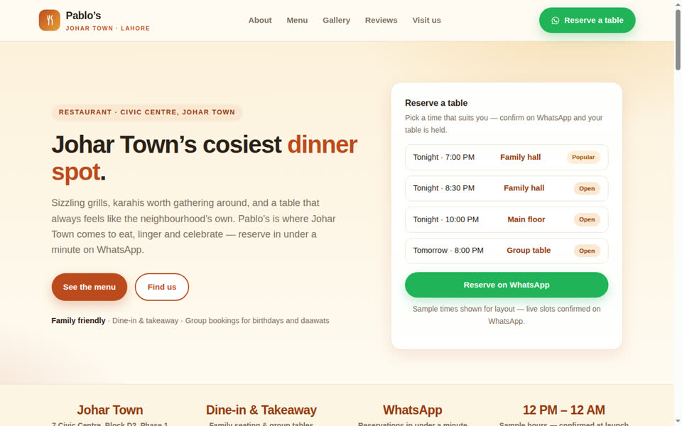 Pablo's restaurant — demo website homepage