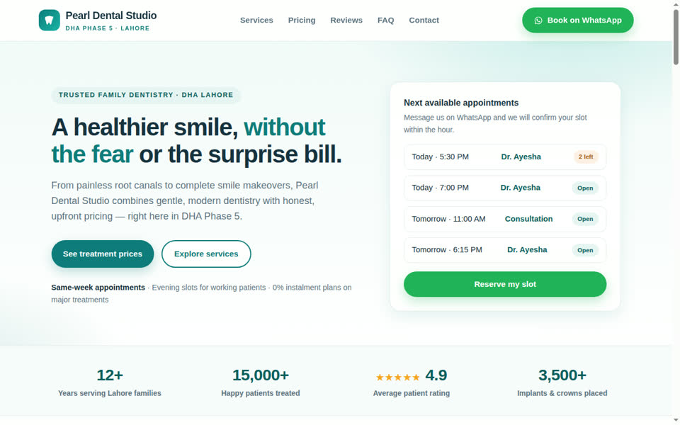 Pearl Dental Studio — demo website homepage